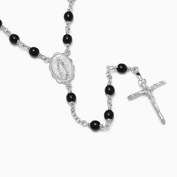 Gold or Platinum Plated Polished Black Glass Bead Rosary Necklace