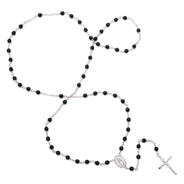 Gold or Platinum Plated Polished Black Glass Bead Rosary Necklace