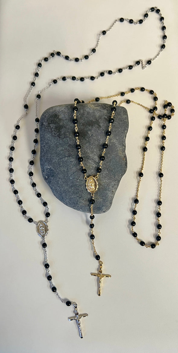 Gold or Platinum Plated Polished Black Glass Bead Rosary Necklace