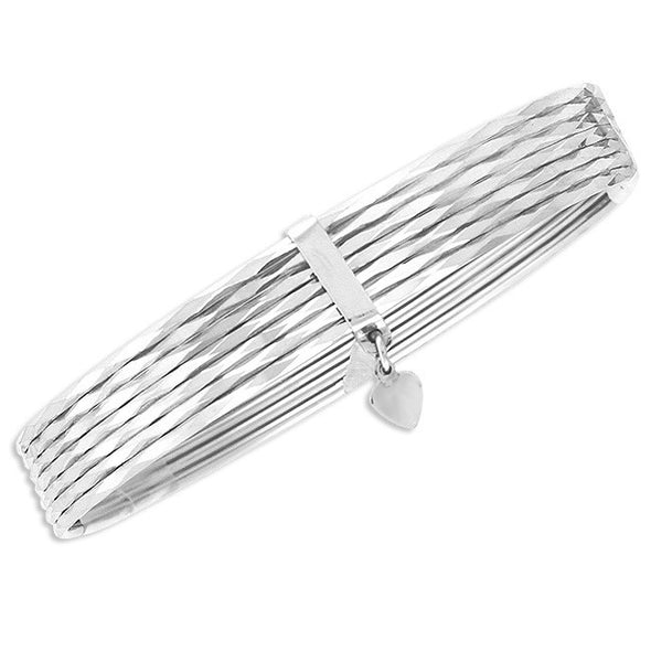 Sterling Silver Diamond-cut Semanario Bangle Bracelet with Heart