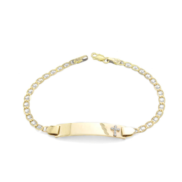 14K Two-tone Gold Baby ID Bracelet with Cross (6 Inch)